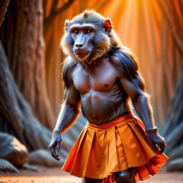 Image of a baboon in a orange skirt