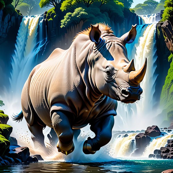 Pic of a jumping of a rhinoceros in the waterfall