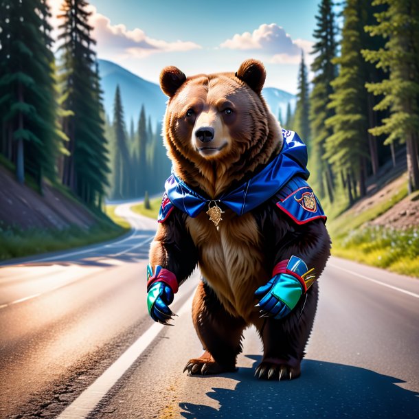 Picture of a bear in a gloves on the road