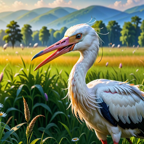 Imagem de um sorriso de uma cegonha no prado