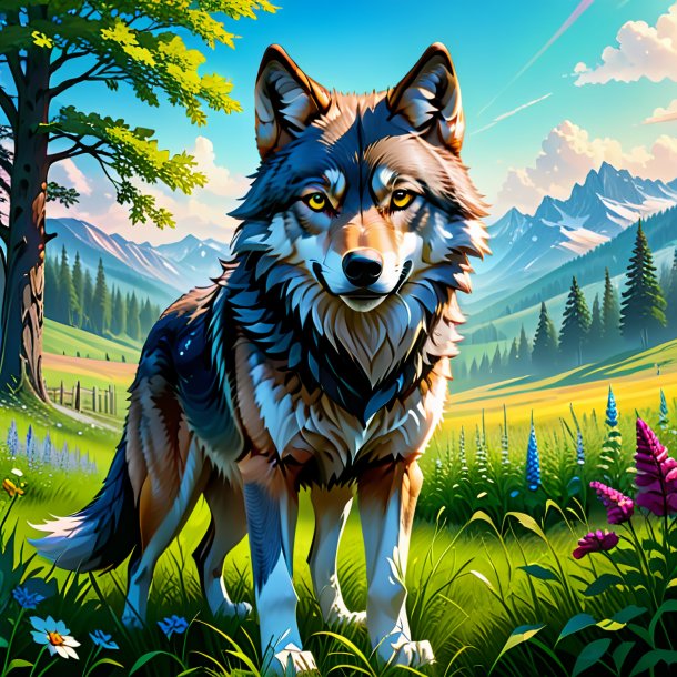 Illustration of a wolf in a gloves in the meadow