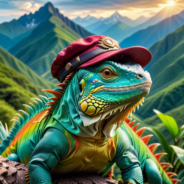 Picture of a iguana in a cap in the mountains