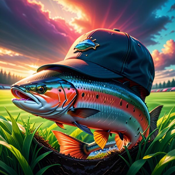 Drawing of a salmon in a cap on the field