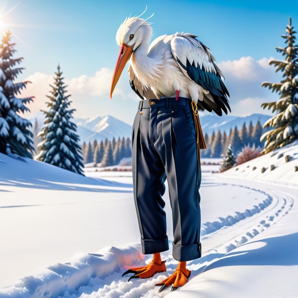 Photo of a stork in a trousers in the snow