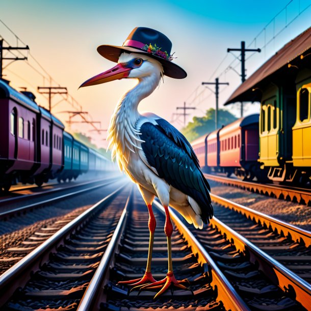 Foto de una cigüeña en un sombrero en las vías del ferrocarril