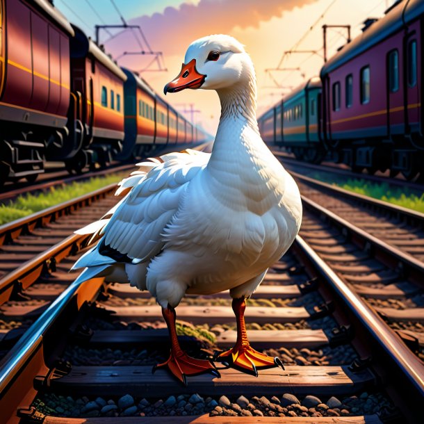 Illustration of a goose in a gloves on the railway tracks