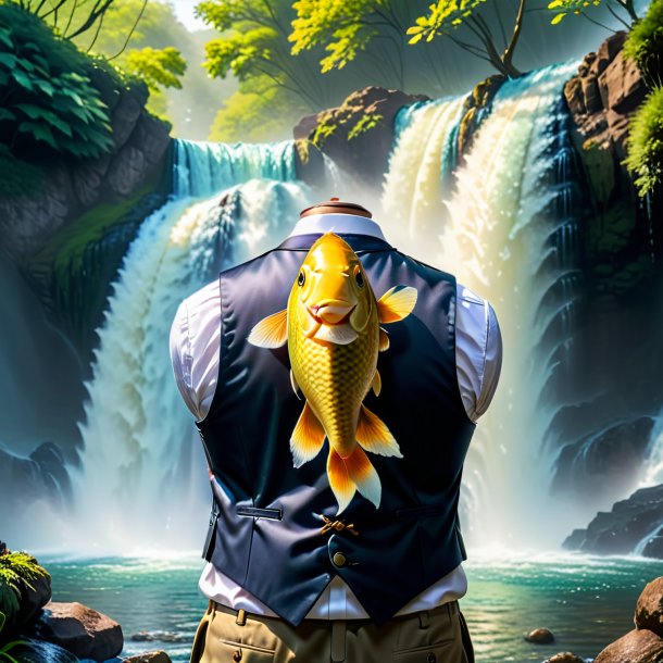 Image of a carp in a vest in the waterfall