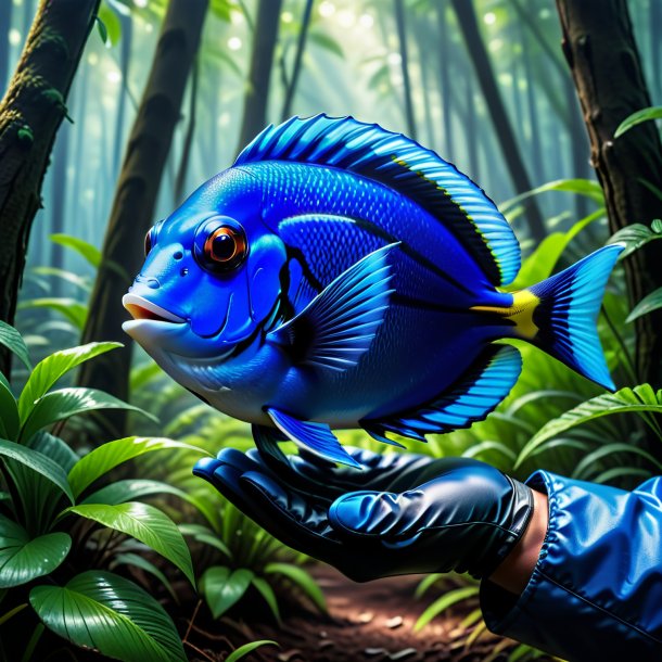 Imagen de un tang azul en guantes en el bosque