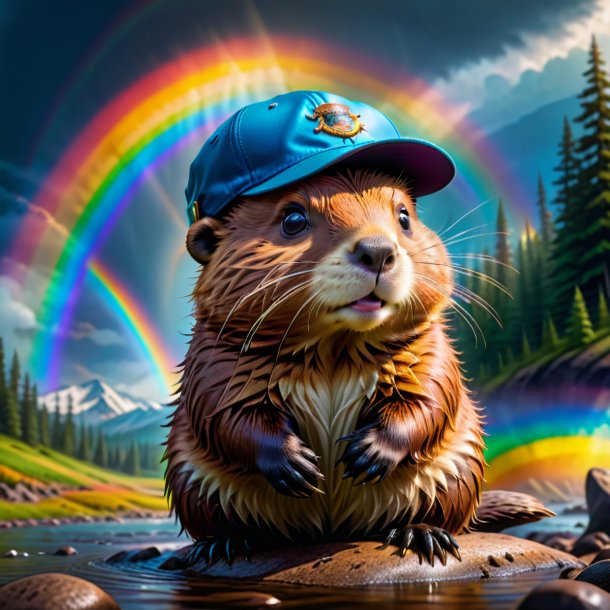 Picture of a beaver in a cap on the rainbow