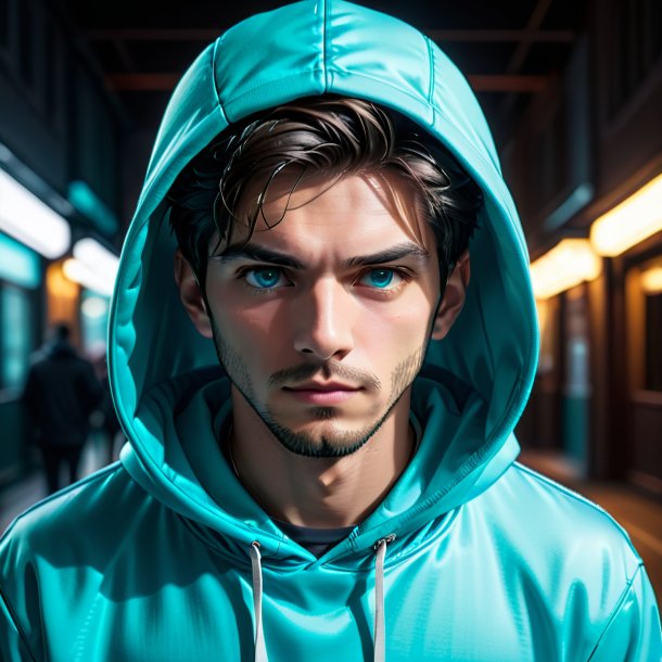 Portrait of a cyan hoodie from polyethylene