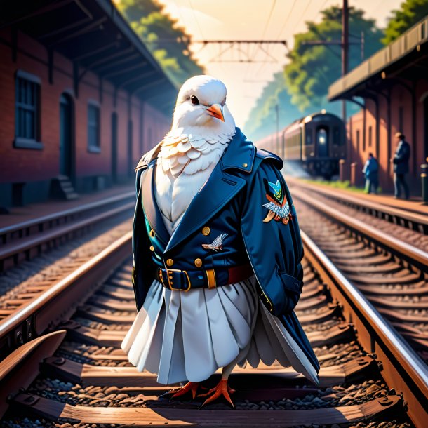 Illustration of a dove in a jacket on the railway tracks