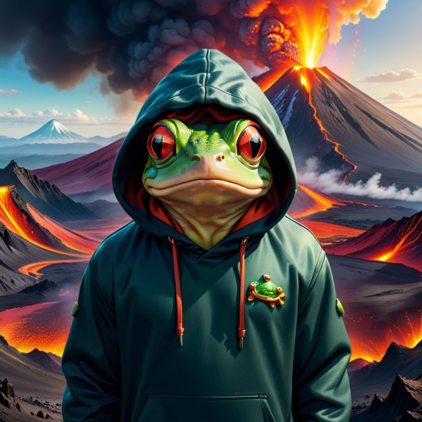 Illustration of a frog in a hoodie in the volcano