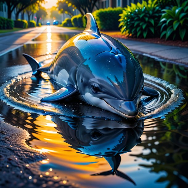 Photo of a resting of a dolphin in the puddle