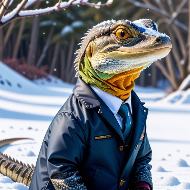 Pic of a monitor lizard in a jacket in the snow