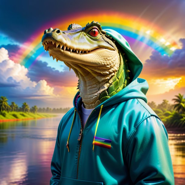 Photo of a crocodile in a hoodie on the rainbow