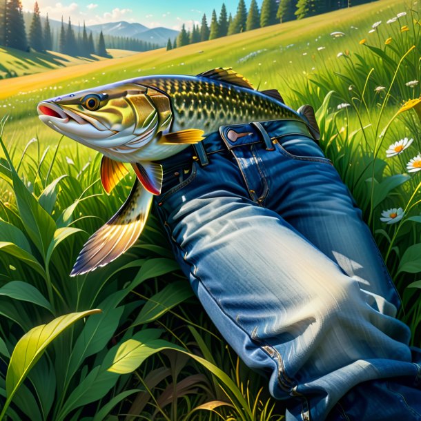 Illustration of a pike in a jeans in the meadow