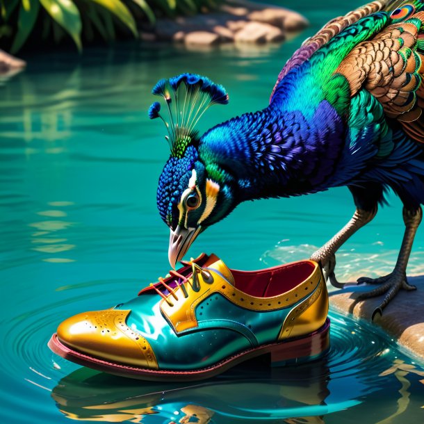 Imagen de un pavo real en los zapatos en el agua