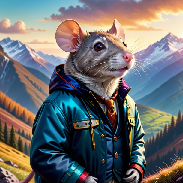 Ilustración de una rata en una chaqueta en las montañas