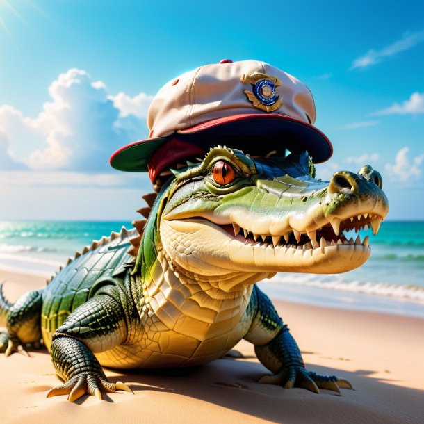 Image of a crocodile in a cap on the beach