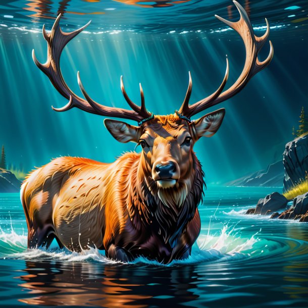 Drawing of a elk in a belt in the water