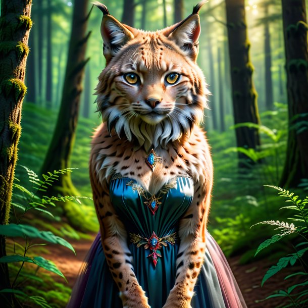 Photo of a lynx in a dress in the forest