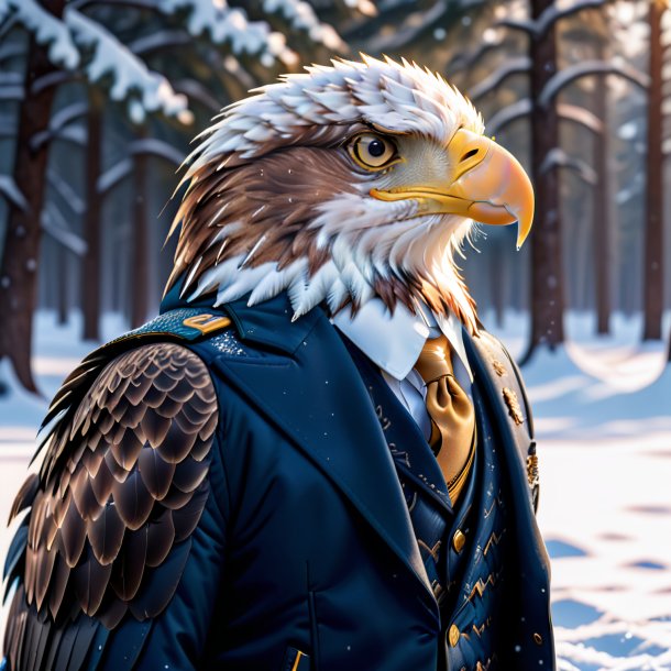 Photo of a eagle in a jacket in the snow