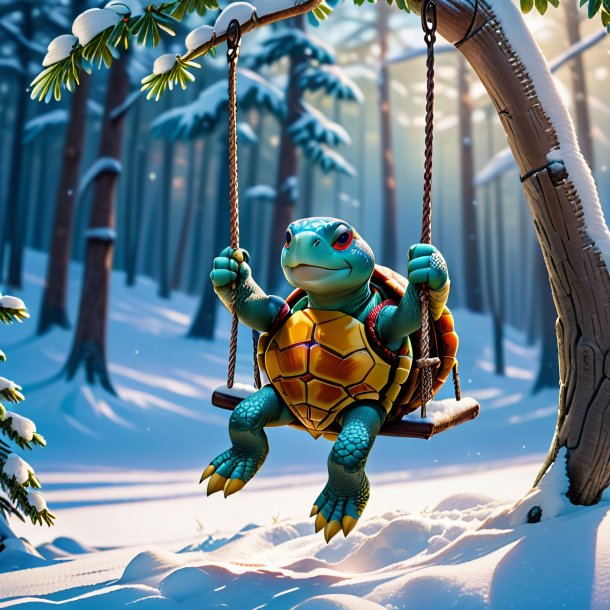 Image of a swinging on a swing of a turtle in the snow