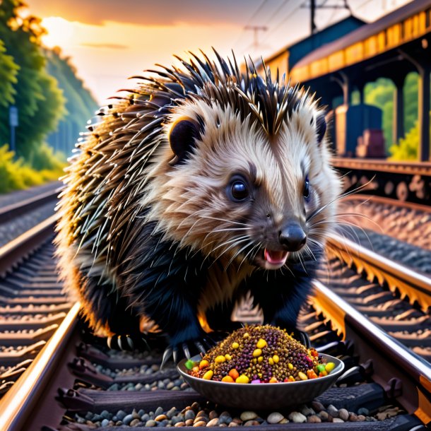 Foto de una comida de un puercoespín en las vías del tren