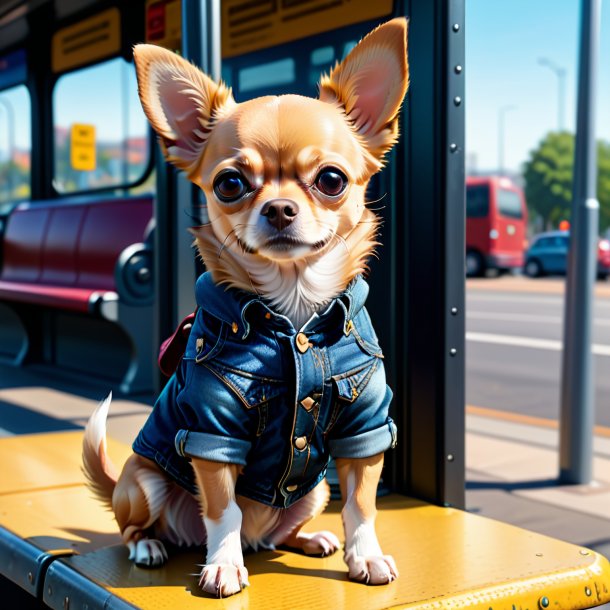 Ilustración de un chihuahua en jeans en la parada de autobús