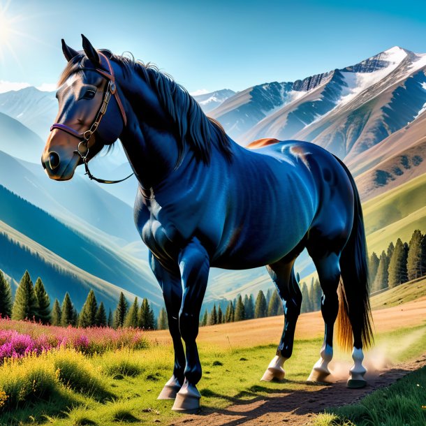 Photo of a horse in a jeans in the mountains