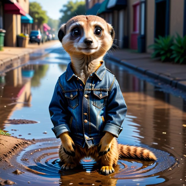 Image of a meerkat in a jeans in the puddle