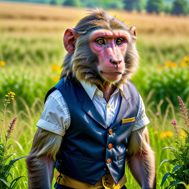 Photo of a baboon in a vest in the meadow