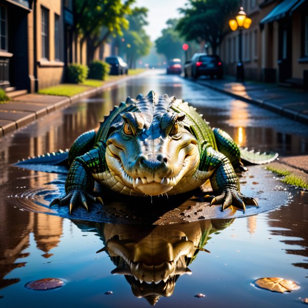 Image of a crocodile in a coat in the puddle