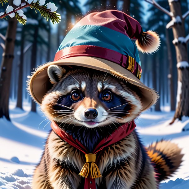 Pic of a raccoon in a hat in the snow