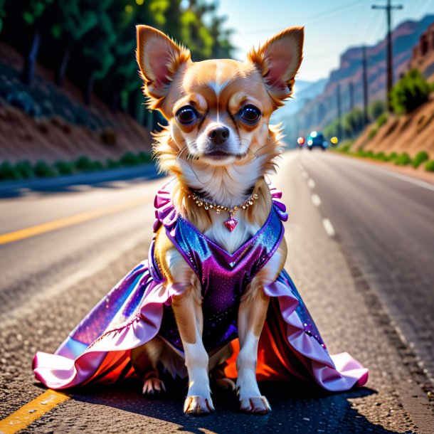 Foto de um chihuahua em um vestido na estrada