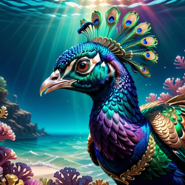 Illustration of a peacock in a gloves in the sea