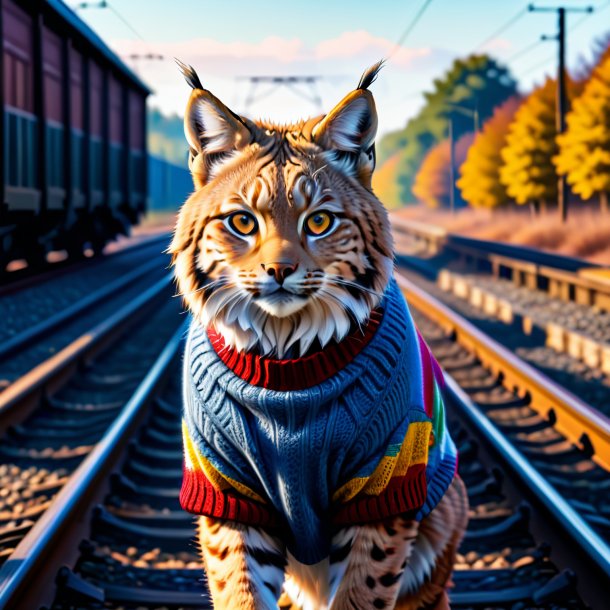 Foto de un lince en un suéter en las vías del tren