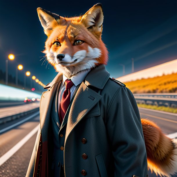 Image of a fox in a coat on the highway