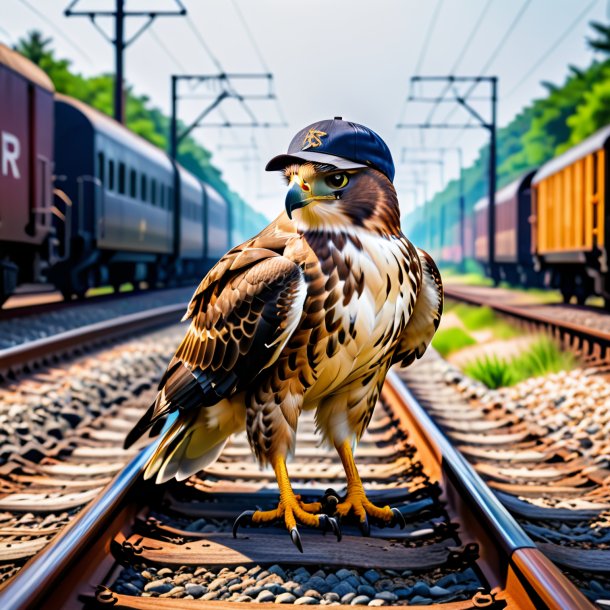 Pic of a hawk in a cap on the railway tracks