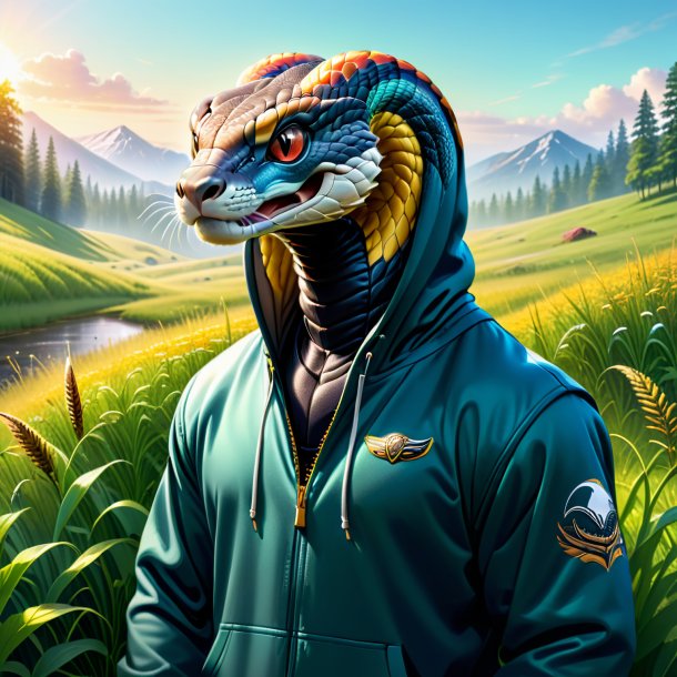 Illustration of a cobra in a hoodie in the meadow