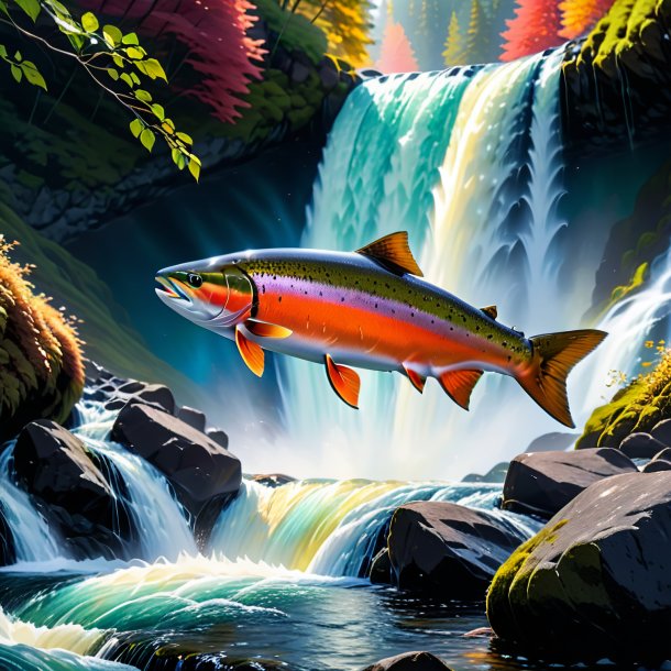 Pic of a salmon in a sweater in the waterfall