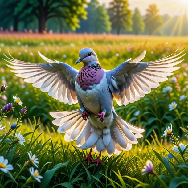 Photo d'une danse d'une colombe dans la prairie