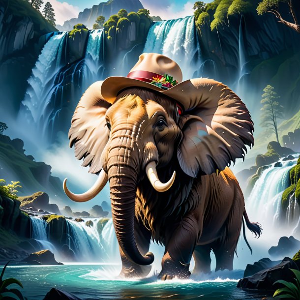 Picture of a mammoth in a hat in the waterfall