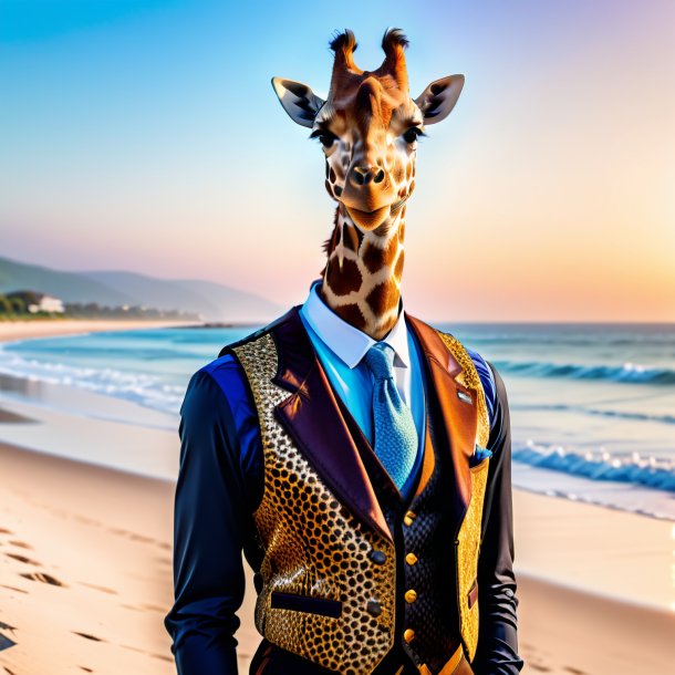 Photo of a giraffe in a vest on the beach