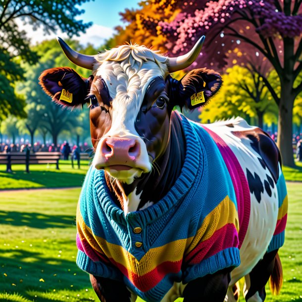 Pic d'une vache dans un pull dans le parc