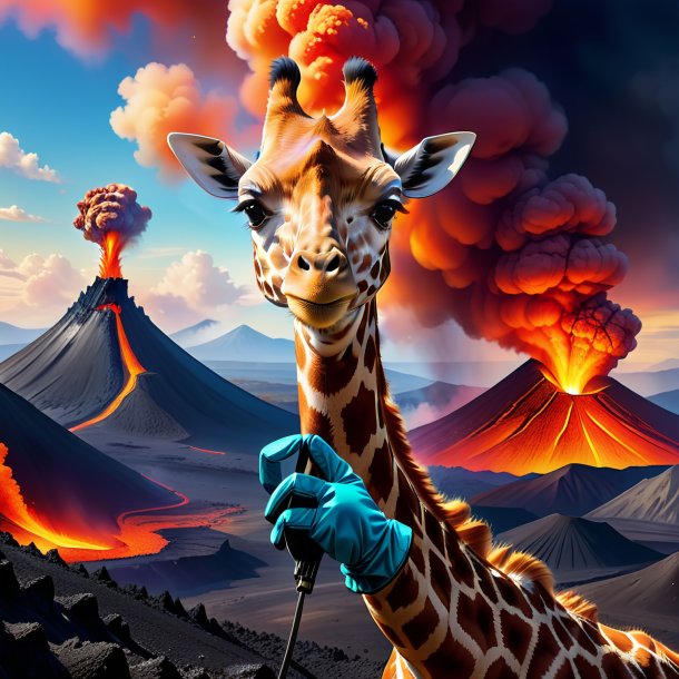 Illustration of a giraffe in a gloves in the volcano