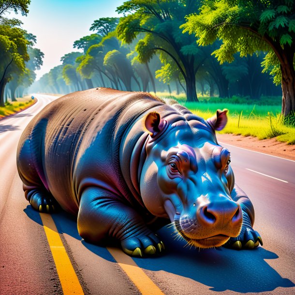 Pic d'un repos d'un hippopotame sur la route