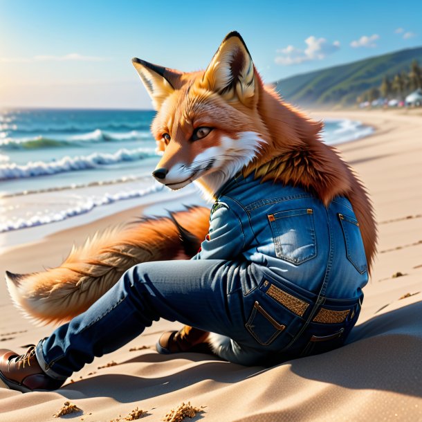 Pic d'un renard dans un jean sur la plage