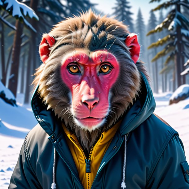 Picture of a baboon in a hoodie in the snow