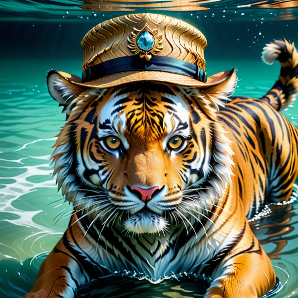 Drawing of a tiger in a hat in the water